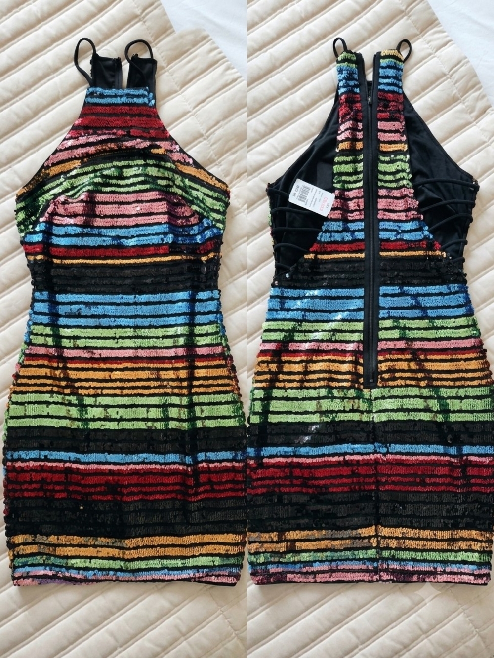 a'gaci Multicolor Sequin Striped Halter Mini Dress